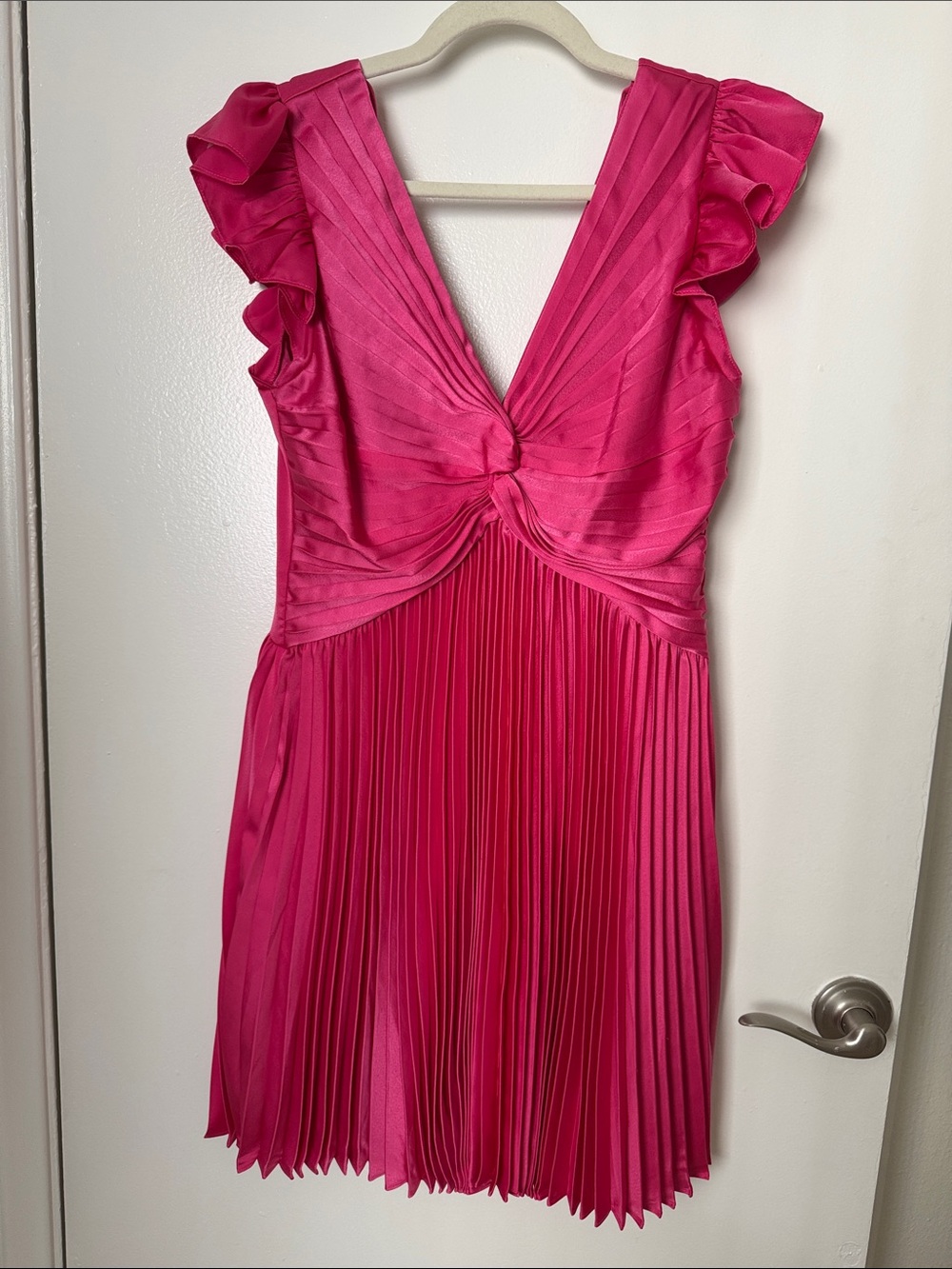 Moon River Hot Pink Pleated V-Neck Ruffle Mini Dress